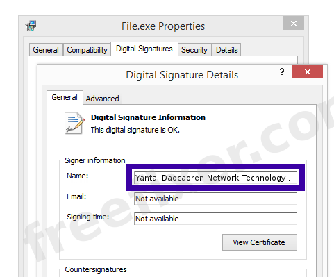 Screenshot of the Yantai Daocaoren Network Technology Co.,Ltd. certificate